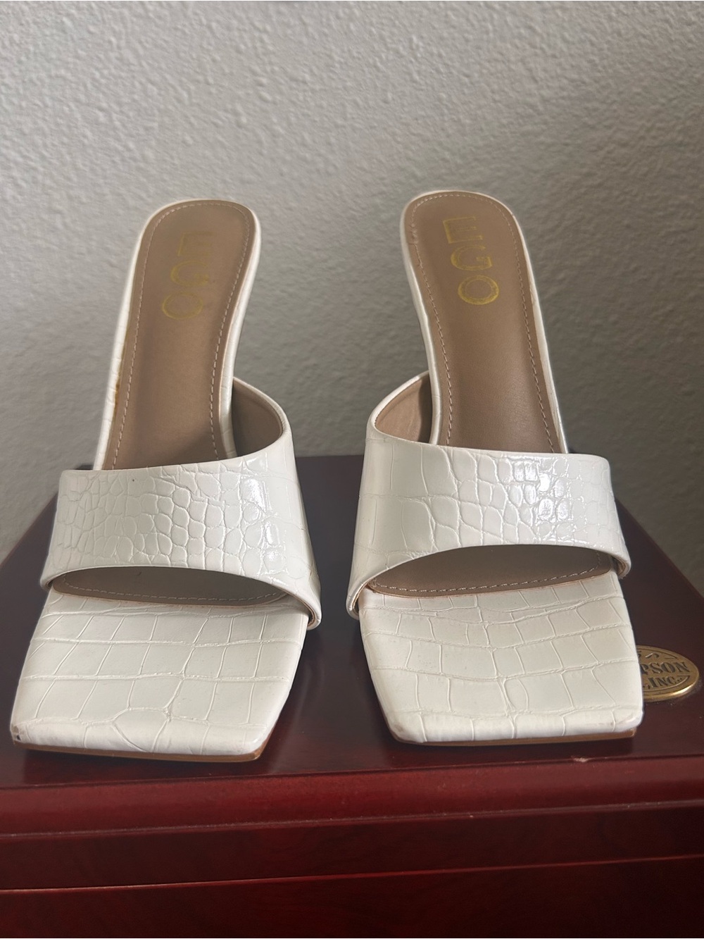 White Croc-Embossed Slide Heels - Women